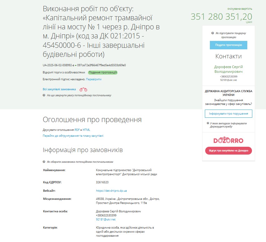 Информация, обнародованная на Prozorro