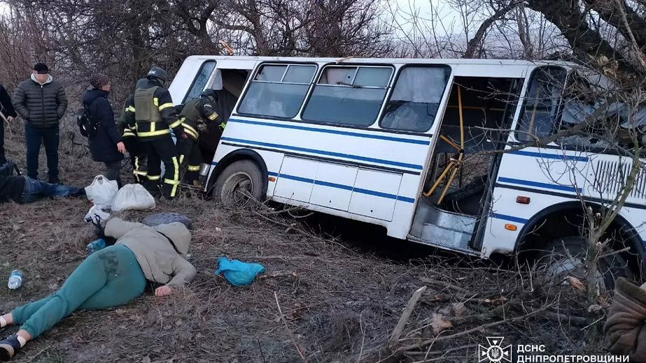 Под Никополем автобус с пассажирами на трассе вылетел с дороги и врезался в дерево (ФОТО)