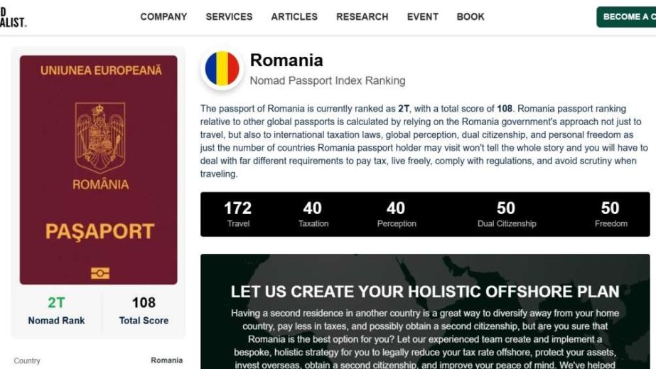 Гражданство Румынии заняло 2-е место в рейтинге Nomad Passport Index